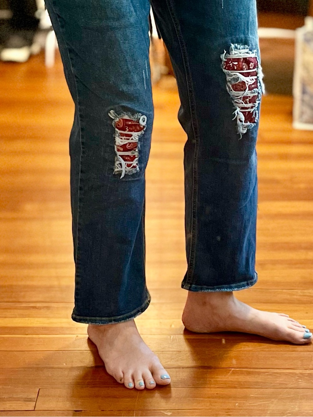 Distressed Dark Blue Jeans with Red Paisley Patches by C Est. 1946, Stretchy - Picture 2 of 15
